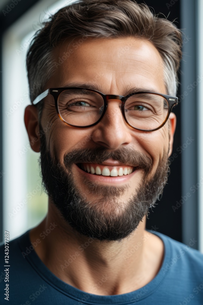 Fototapeta premium smiling man with glasses and beard in front of window