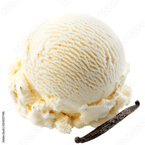 Scoop of delicious vanilla ice cream with creamy texture and vanilla pods, isolated on white background