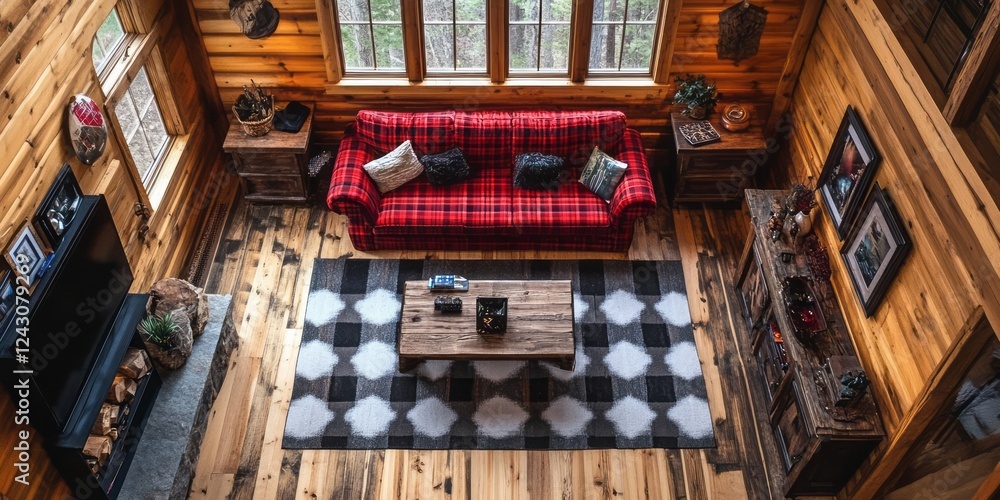 Rustic Cabin Living Room With Red Plaid Sofa Rustic Cabin Living Room With Red Plaid Sofa