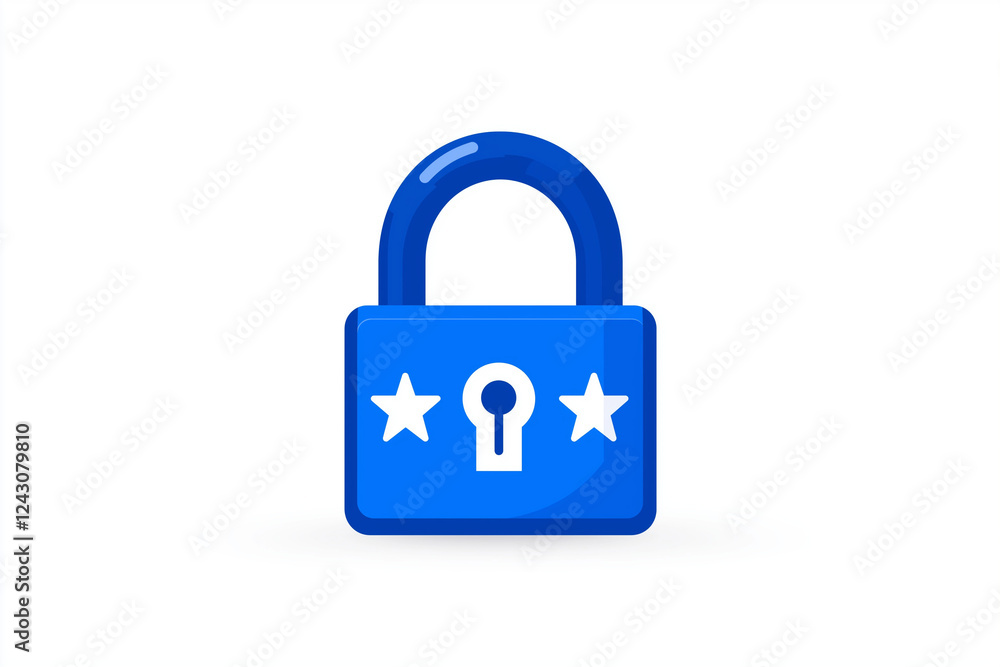 a password protection icon, with lock and stars, vector flat design, blue and white, isolated on white background a password protection icon, with lock and stars, vector flat design, blue and white, isolated on white background