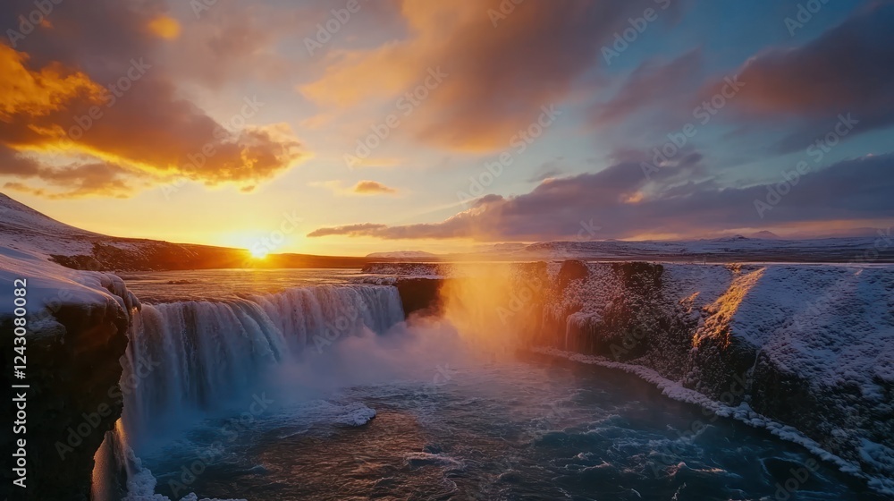 Fototapeta premium Iceland winter sunset waterfall scenic landscape