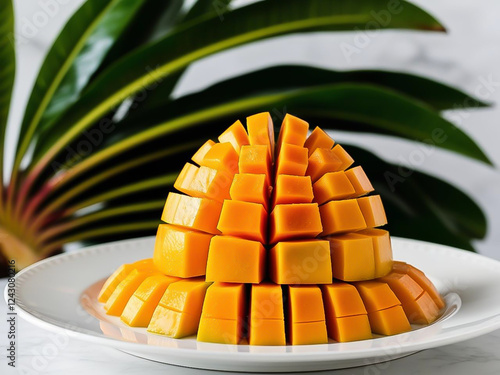 Ripe mango sliced into perfect cubes, showcasing its golden flesh, placed on a white plate with fresh green leaves in the background. photo