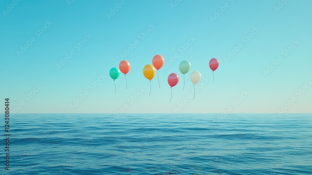 Fototapeta premium Brightly colored balloons drifting over a deep ocean horizon, calm and uplifting composition.