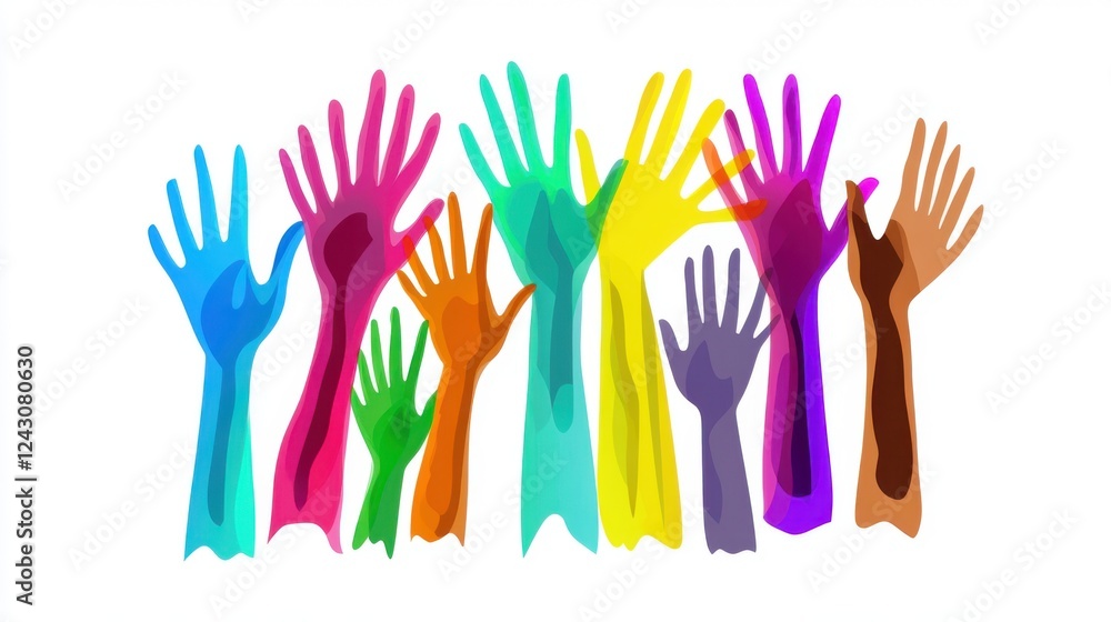 Fototapeta premium Multicolor diverse hands raised in unity graphic illustration design on white background