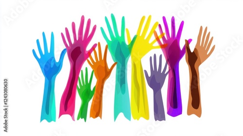 Multicolor diverse hands raised in unity graphic illustration design on white background