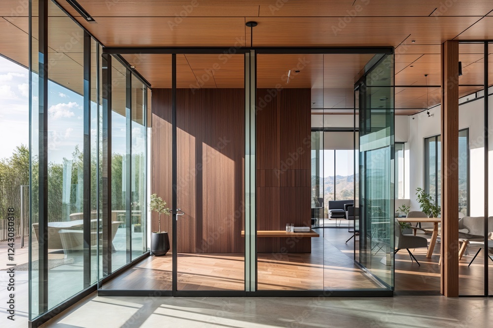 Obraz premium Sophisticated Office Design Featuring Glass Partitions Wood Accents and Minimalist Style in Bright Natural Light