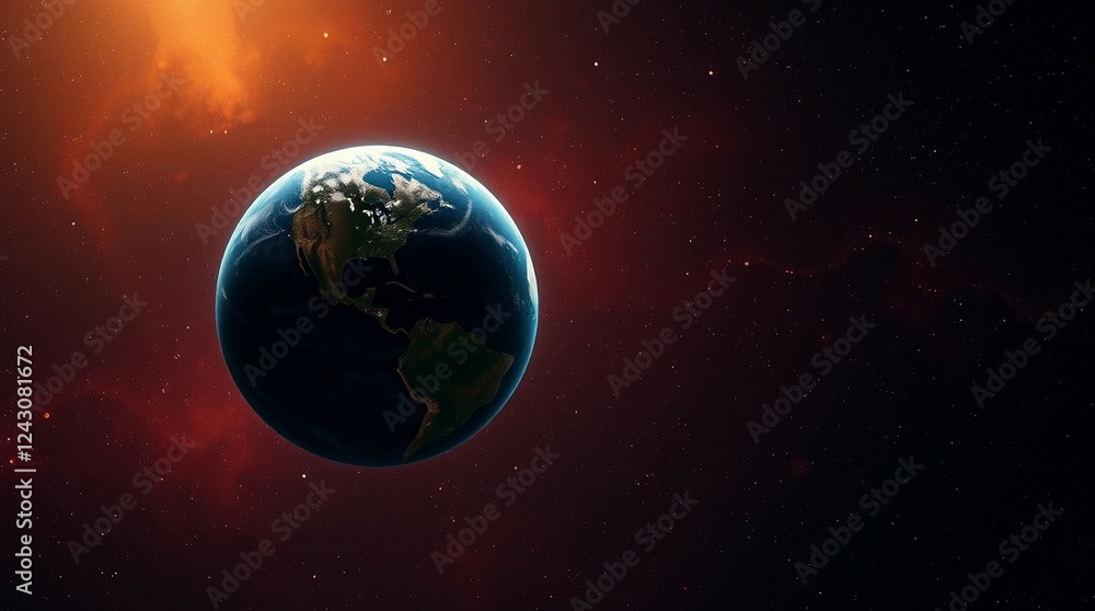 Fototapeta premium Generative ai of Planet Earth floats in space. View of ocean clouds and land. Illustration art