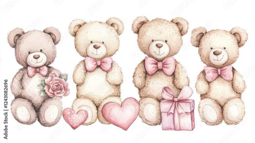 Group of watercolor-style teddy bears with soft romantic elements--roses, bows, heart-shaped gifts, hand-painted look, isolated white background Group of watercolor-style teddy bears with soft romantic elements--roses, bows, heart-shaped gifts, hand-painted look, isolated white background