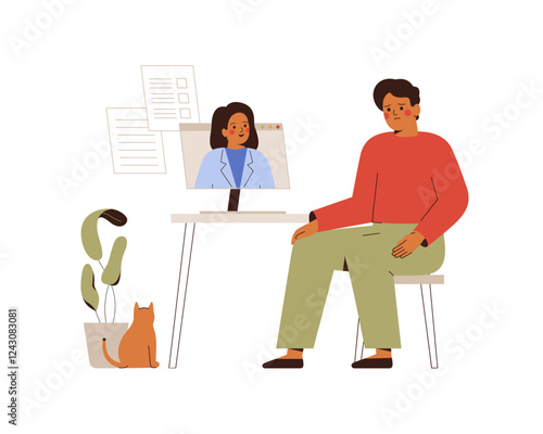 sad man listening speech of doctor via internet from home. unhealthy male person and medical care worker talking online. Telemedicine. vector illustration
