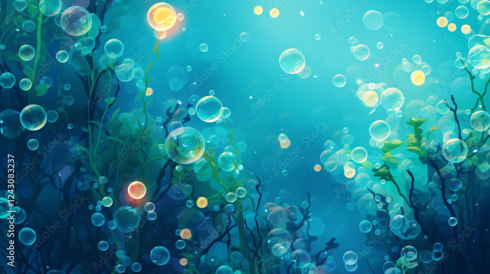 Fototapeta premium A digital art design with underwater bubbles and a green background, perfect for technology presentations.