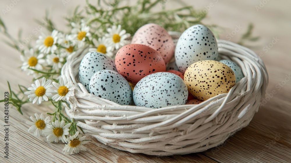 Pastel eggs nest spring daisies wood table Pastel eggs nest spring daisies wood table