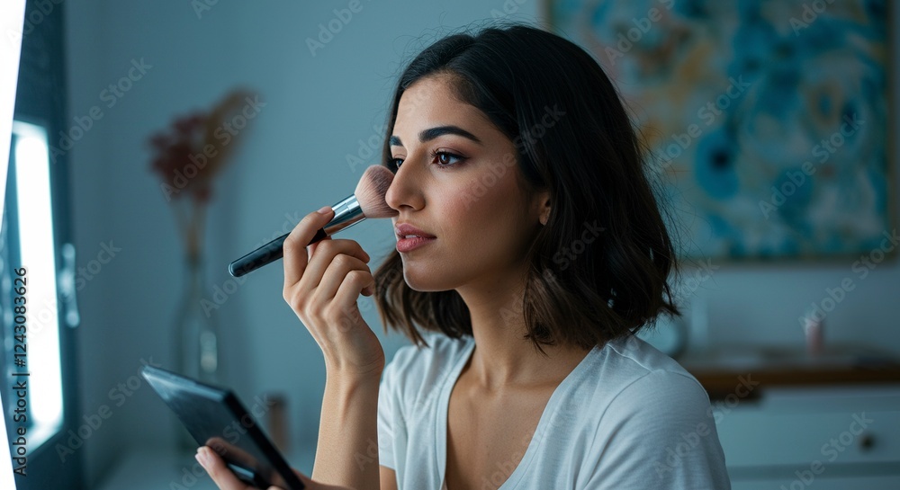 Closeup portrait of a woman applying dry cosmetic tonal foundation on the face using makeup brush. Makeup detail.
Closeup portrait of a woman applying dry cosmetic tonal foundation on the face using makeup brush. Makeup detail.