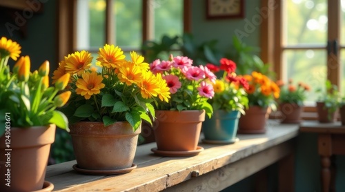 Wallpaper Mural Vibrant potted flowers in terracotta and blue containers bathed in warm sunlight near a window Torontodigital.ca