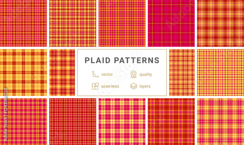 Twelve vibrant plaid patterns in red and gold hues.  Seamless vector designs ideal for textile prints, website backgrounds, or packaging. Highquality, layered files for easy editing.