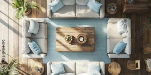 Sunlit Living Room with Beige Sofas and Blue Pillows