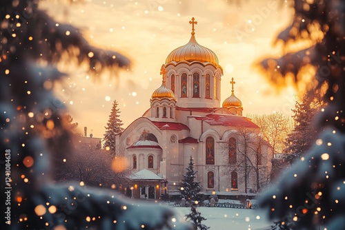 A beautiful Greek Orthodox church in the center of the frame, with golden domes and a red roof. The scene is set in winter, with snow falling during the golden hour.