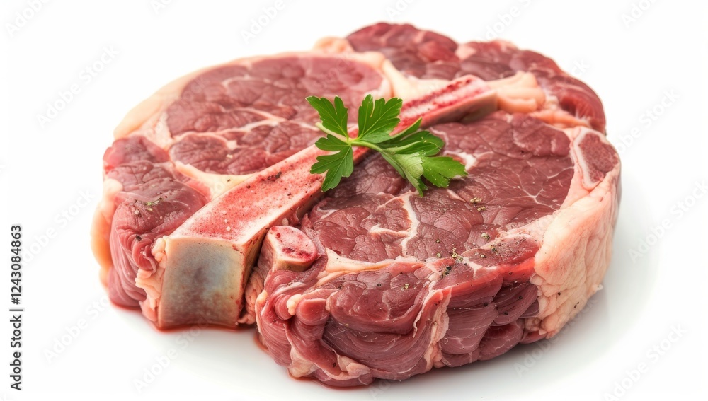 Fototapeta premium Raw beef osso buco against a white background, marbling of meat, raw steak butcher, butchers website