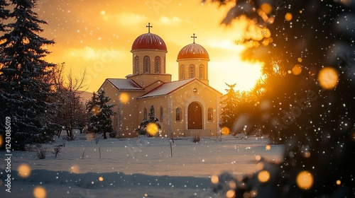 A beautiful Greek Orthodox church in the center of the frame, with golden domes and a red roof. The scene is set in winter, with snow falling during the golden hour.
