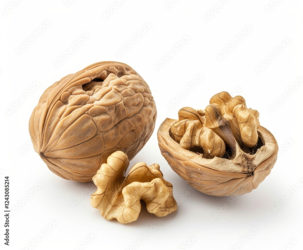 two walnuts, one in the shell and another open with some of its pieces visible on white background two walnuts, one in the shell and another open with some of its pieces visible on white background