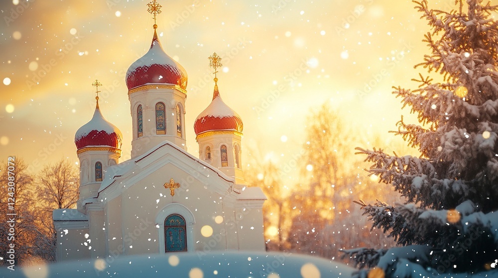Fototapeta premium A beautiful Orthodox church with two domes and one red roof, snowflakes falling in the background, golden hour lighting, a Christmas tree visible on the right side of the frame,