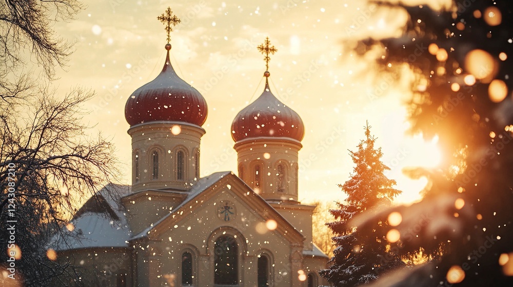 Fototapeta premium A beautiful Orthodox church with two domes and one red roof, snowflakes falling in the background, golden hour lighting, a Christmas tree visible on the right side of the frame,