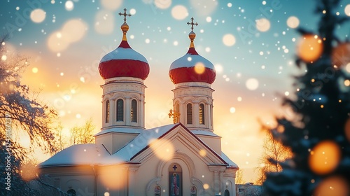 A beautiful Orthodox church with two domes and one red roof, snowflakes falling in the background, golden hour lighting, a Christmas tree visible on the right side of the frame,