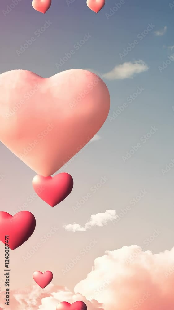 Floating 3d pink heart drifting among soft white clouds, representing romantic dream love valentine against pastel sky background. Vertical format video vertical Floating 3d pink heart drifting among soft white clouds, representing romantic dream love valentine against pastel sky background. Vertical format video vertical