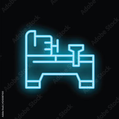 Neon sign of a lathe machine glowing on a black background, concept for metalworking, industry, engineering, manufacturing, and craftsmanship