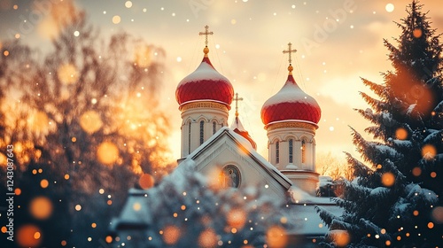 A beautiful Orthodox church with two domes and one red roof, snowflakes falling in the background, golden hour lighting, a Christmas tree visible on the right side of the frame,