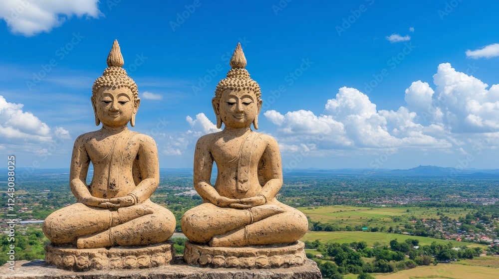Two Weathered Beige Stone Buddha Statues Meditating, Overlooking a Scenic Landscape Under a Blue Two Weathered Beige Stone Buddha Statues Meditating, Overlooking a Scenic Landscape Under a Blue