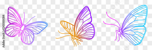 Colorful butterflies illustrated in a vector style representing the beauty of spring and summer. Cyberpunk color gradient