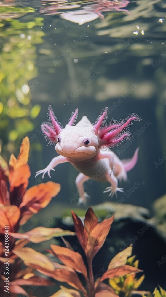Obraz premium Axolotl swimming among vibrant underwater plants. Vertical