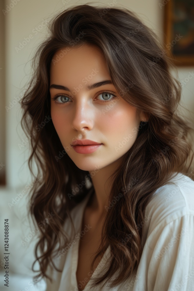 Naklejka premium arafed woman with long brown hair and blue eyes posing for a picture
