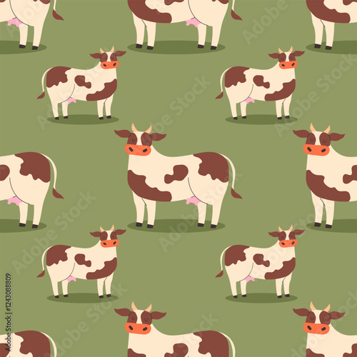 Playful cows in flat style on green background seamless pattern