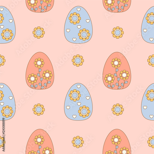 Easter Seamless pattern with decorative paschal egg with flowers on pink background. Holiday Vector illustration