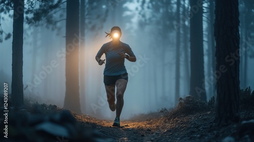 A female athlete running through a dense pine forest in the Sierra Nevada, her headlamp cutting through the fog. trail, ultra trail, marathon