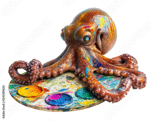 octopus with giant paint palette creating colorful masterpiece. vibrant colors and artistic expression showcase octopus creativity and unique talent photo