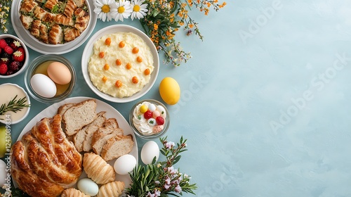 Wallpaper Mural Easter day celebration pastel eggs and delicious food on a festive table Torontodigital.ca