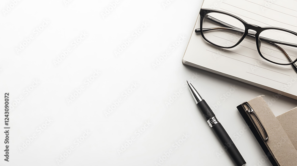 Clean minimalist workspace featuring a notebook, pen, and eyeglasses on a white background. Perfect for concepts of productivity, organization, and office supplies. Clean minimalist workspace featuring a notebook, pen, and eyeglasses on a white background. Perfect for concepts of productivity, organization, and office supplies.