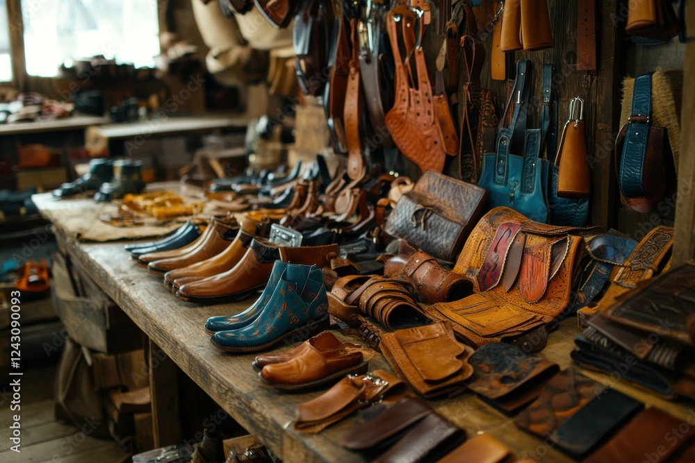 Cobblers crafting leather accessories alongside shoes, vibrant belts and bags in rustic workshop, dynamic focus on multi-talented craftsmanship Cobblers crafting leather accessories alongside shoes, vibrant belts and bags in rustic workshop, dynamic focus on multi-talented craftsmanship