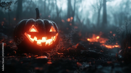 Halloween pumpkin glowing in dark, spooky forest in background, eerie atmosphere, orange and black contrast, horror-inspired, detailed and intense Halloween scene