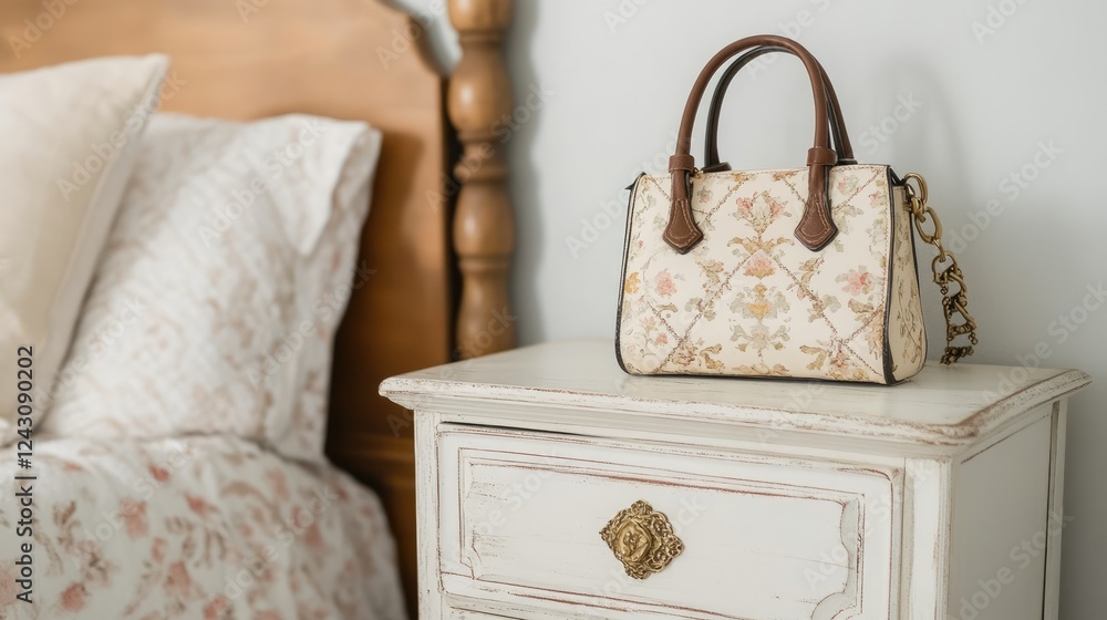 A well-organized nightstand in a high-end condo, featuring a designer handbag. A well-organized nightstand in a high-end condo, featuring a designer handbag.