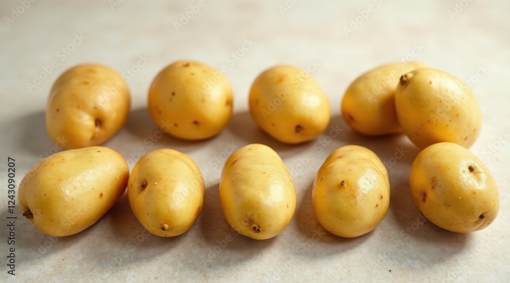 A collection of eight unpeeled yellow potatoes arranged on a light-colored surface, showcasing their natural texture and subtle variations in shape and size. A collection of eight unpeeled yellow potatoes arranged on a light-colored surface, showcasing their natural texture and subtle variations in shape and size.