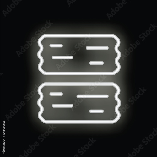 White neon sign of two tickets glowing on a black background