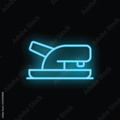 Blue neon stapler glowing on dark background, concept for stationery, office supply or business