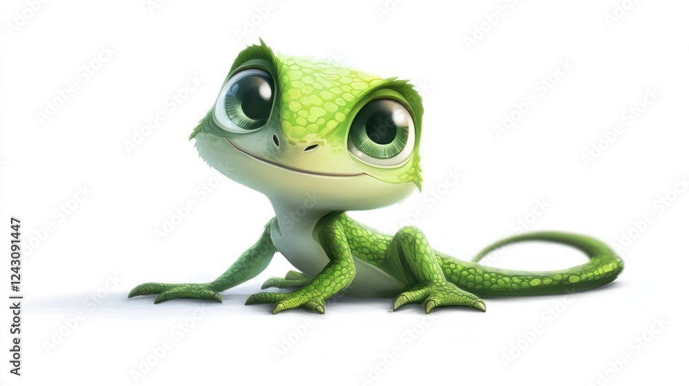 Cute green lizard cartoon, sitting, white background, children's book illustration Cute green lizard cartoon, sitting, white background, children's book illustration