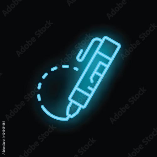 Blue neon sign of a pen drawing a dashed circle on a black background