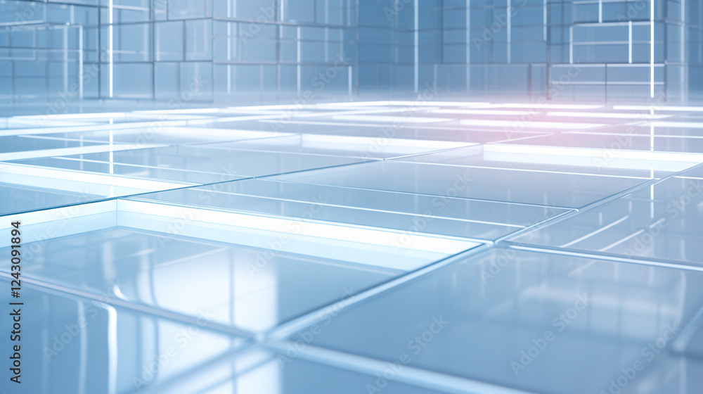 Obraz premium Isometric flooring with minimalist blue and frosted white glow, perfect for technology presentation display backgrounds.