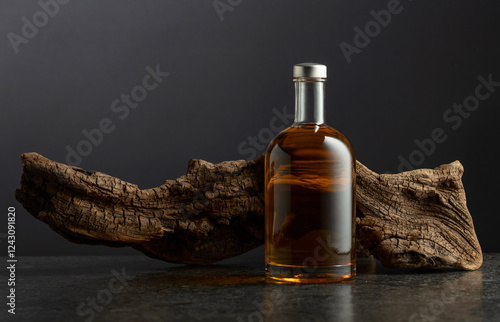 Fotografie Bottle of whiskey and old snag on a black background.