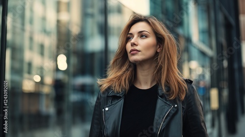 Woman in leather jacket against modern architecture. Ideal for urban fashion, contemporary lifestyle, and strong feminine identity content.